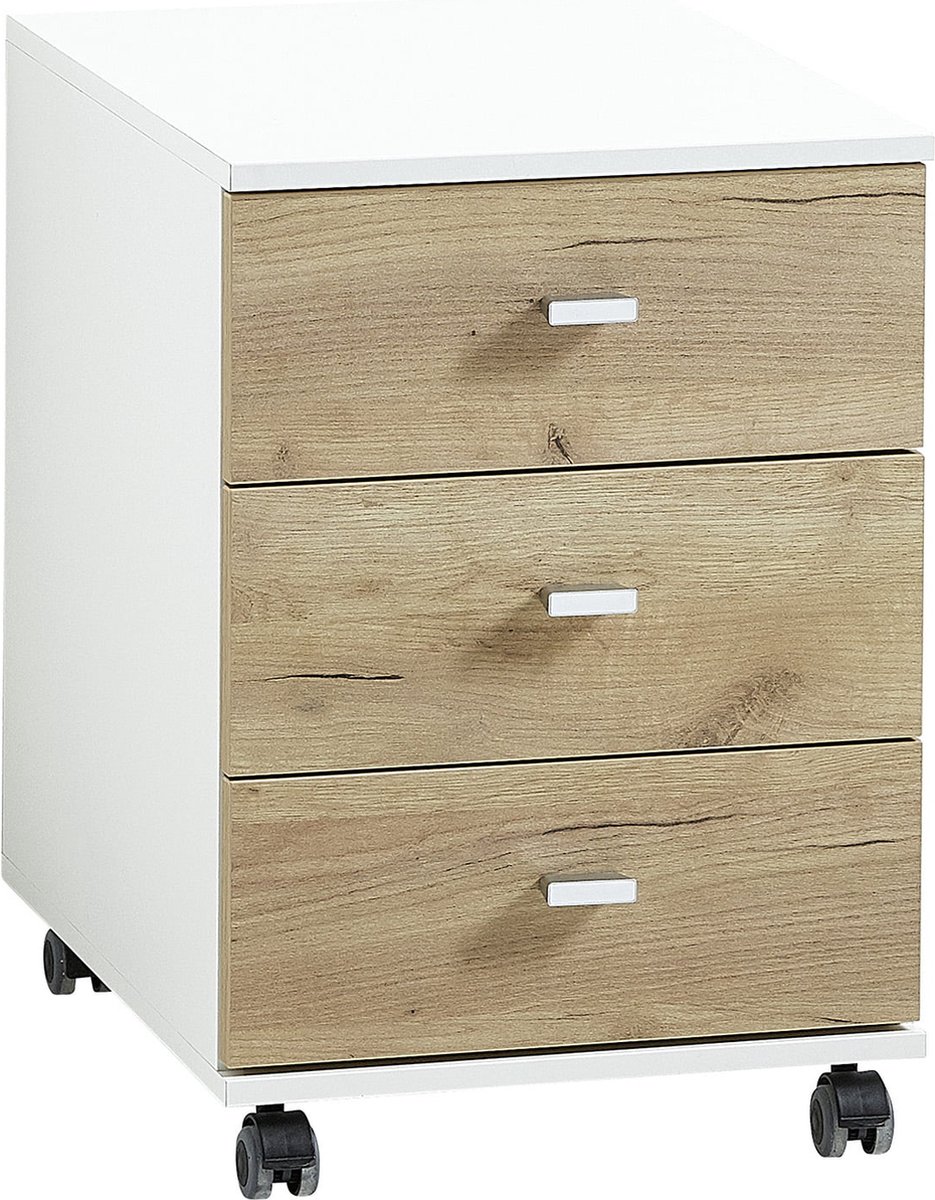 Ladeblok Kreta Eiken - Wit - Met wielen - Met lades - Breedte 40 cm - Diepte 49 cm - Hoogte 57 cm