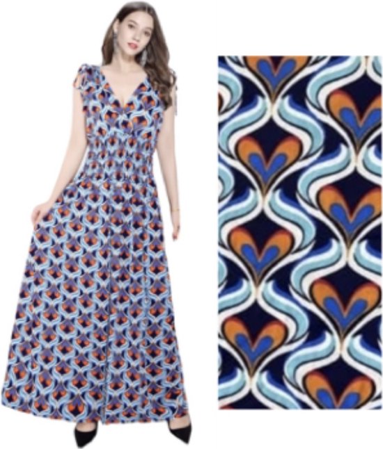 Dames maxi jurk met hartenprint S/M Donkerblauw/blauw/oranje/lichtblauw