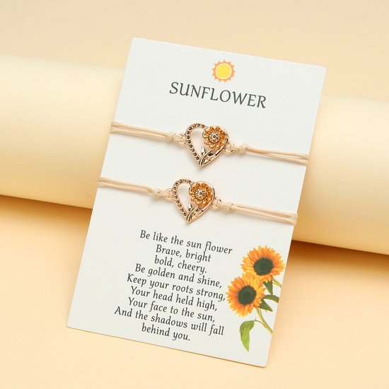 Bracelets de l'amitié pour 2 avec coeur de tournesol - Bracelets beiges - Bracelet BFF sur carte cadeau - Pax Amare