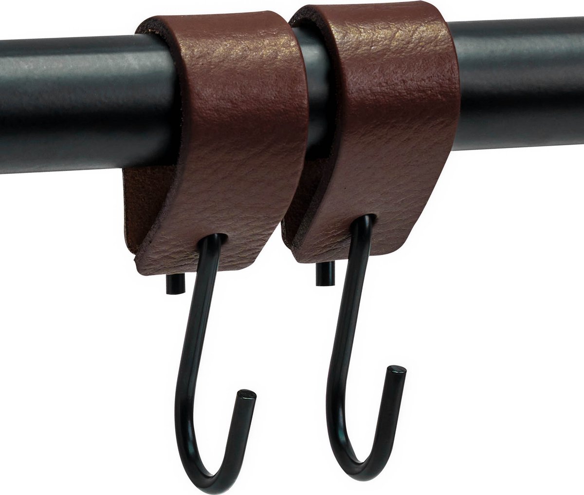 Brute Strength - Leren S-haak hangers - Bruin - 2 stuks - 12,5 x 2,5 cm – Zwart zilver – Leer - handdoekhaakjes - Ophanghaken – kapstokhaak