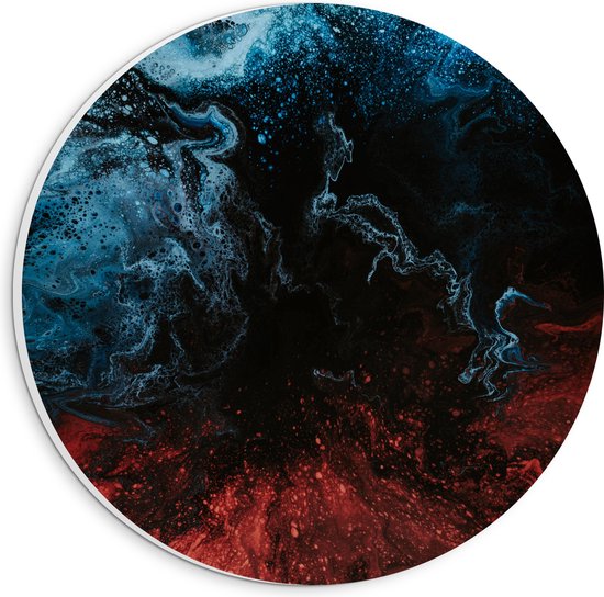 PVC Schuimplaat Muurcirkel - Mix van Blauwe en Rode Patronen op Zwarte Achtergrond - 20x20 cm Foto op Muurcirkel (met ophangsysteem)