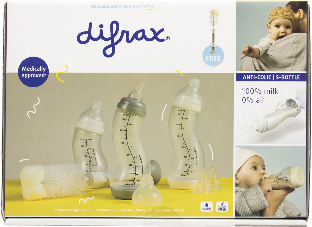 Difrax Newborn Babypakket - 1x 170 S-fles - 250 S-fles 1x Flessenborstel -... | bol.com