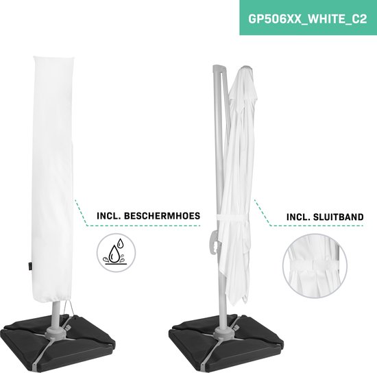VONROC Premium Zweefparasol Pisogne 300x300cm – Incl. vulbare tegels, kruisvoet & beschermhoes – Vierkante parasol – 360 ° Draaibaar - Kantelbaar – UV werend doek - Wit