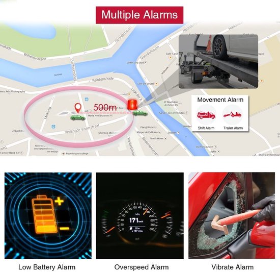 Kaart toont 500m zone met auto's, sleepwagen en alarmlichten. Onderste afbeeldingen: lage batterij, snelheidsmeter, gebroken autoruit.