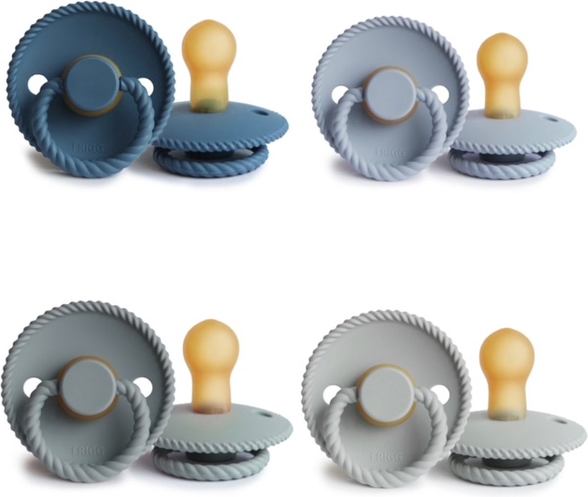 FRIGG ROPE Fopspeen set 4 stuks Ocean Vieuw,Powder Blue,French Gray en Silver Gray 0-6 maand