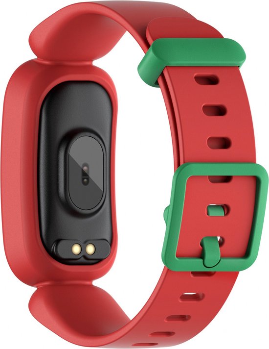 Rode smartwatch met groene gesp en groene banddetail. De achterkant met sensoren is zichtbaar.