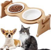 Verhoogde dubbele voerbak voor katten & kleine honden - Porseleinen voerbakken 14x6CM in houten frame