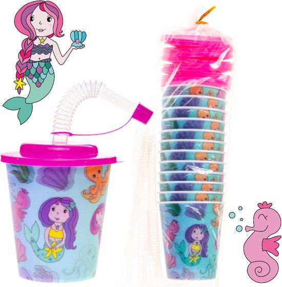 12 STUKS ZEEMEERMIN 3D Drink Beker met Rietje en Deksel - 250ML - Mermaid Plastic Bekers - Kinderfeestje - Kinderverjaardag Bekertjes - Traktatie - Uitdeelcadeaus van Moses. — afbeelding 4