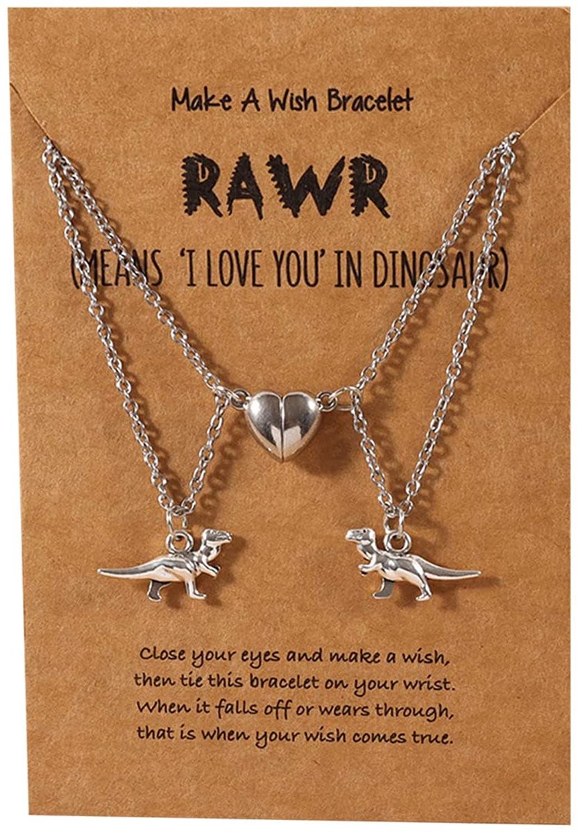 BFF Ketting voor 2 met Tyrannosaurus Rex en Magneet Hartje Zilverkleurig - Dinosaurus Vriendschapsketting met Cadeau kaartje - Pax Amare