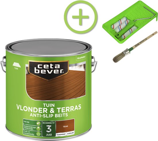 CetaBever Tuin Vlonder & Terras Beits - Anti slip - Teak - 2,5 liter Inclusief 6 delige beitsset