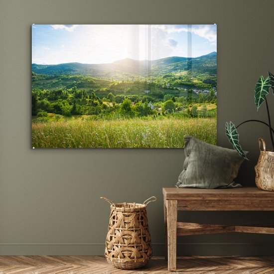 Peinture sur verre - Photo sur verre - Paysage - Herbe - Nature - Arbres - Peinture sur verre - Décoration d'intérieur - Verre acrylique - Peinture sur verre nature - 120x80 cm - Décoration murale