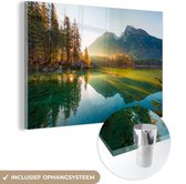 Peinture sur verre - Feuille acrylique - Lac - Water - Vert - Montagnes - Arbre - Décoration murale - Peinture sur verre - Verre acrylique - Photo sur verre - 120x80 cm - Peinture sur verre nature - Décoration murale