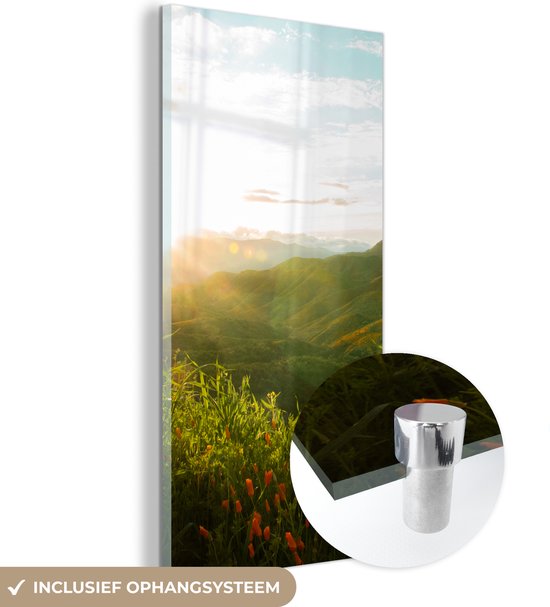 Glasschilderij - Schilderij glas - Gras - Natuur - Zon - Berg - 20x40 cm - Glasschilderij bergen - Foto op glas - Acrylglas - Wanddecoratie