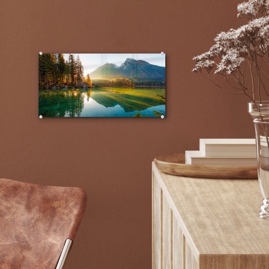 Peinture sur verre - Plaque acrylique - Lac - Water - Vert - Montagnes - Arbre - Décoration murale - Peinture sur verre - Verre acrylique - Photo sur verre - 40x20 cm - Peinture sur verre nature - Décoration murale