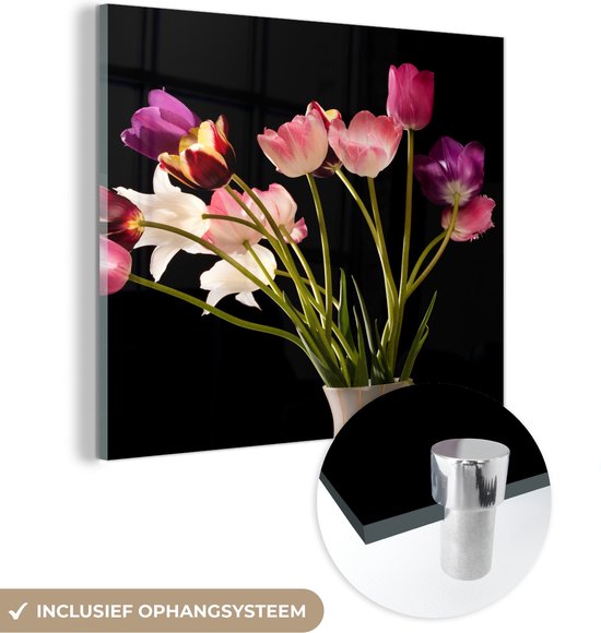 MuchoWow® Glasschilderij 90x90 cm - Schilderij acrylglas - Tulpen - Stilleven - Bloemen - Foto op glas - Schilderijen