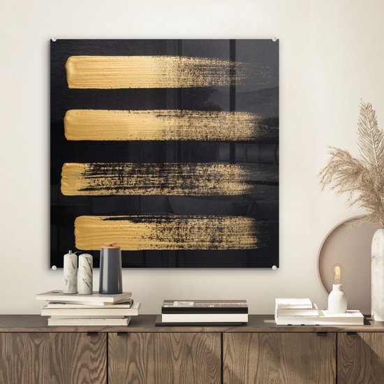 MuchoWow® Glasschilderij 50x50 cm - Schilderij acrylglas - Patroon van gouden verf op een zwarte achtergrond - Foto op glas - Schilderijen