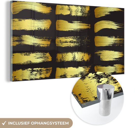 Glasschilderij goud - Design - Abstract - Strepen - Schilderij glas - Wanddecoratie glas - Woonaccessoires - 40x20 cm - Muurdecoratie woonkamer - Foto op glas