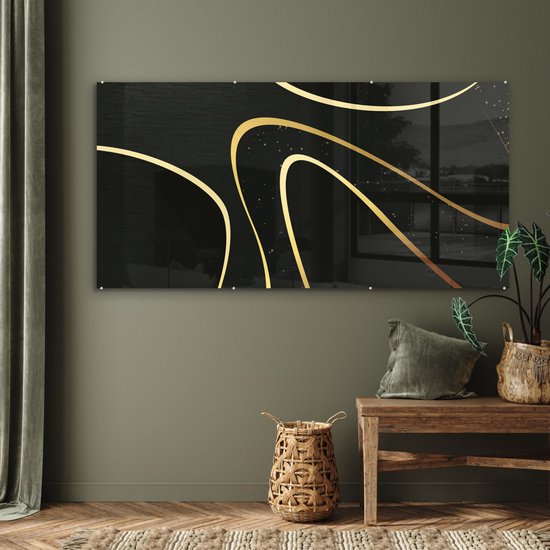 MuchoWow® Peinture sur verre 160x80 cm - Peinture sur verre acrylique - Vagues dorées sur fond noir - Photo sur verre - Peintures