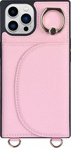 Hoesje geschikt voor iPhone SE 2022 - Backcover - Pasjeshouder - Portemonnee - Ringhouder - Koord - Kunstleer - Roze
