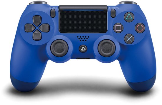 Blauwe Sony Dualshock 4-controller met zwarte knoppen, Share- en Options-toetsen en een touchpad.
