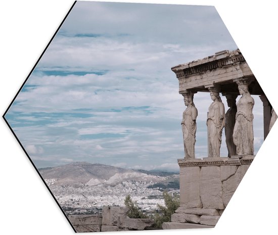 Dibond Hexagon - Uitzicht op Parthenon Tempel in Athene, Griekenland - 50x43.5 cm Foto op Hexagon (Met Ophangsysteem)