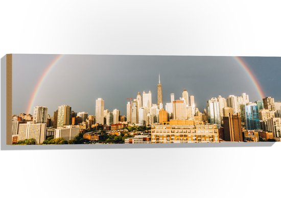 Hout - Regenboog boven Stad - 90x30 cm - 9 mm dik - Foto op Hout (Met Ophangsysteem)