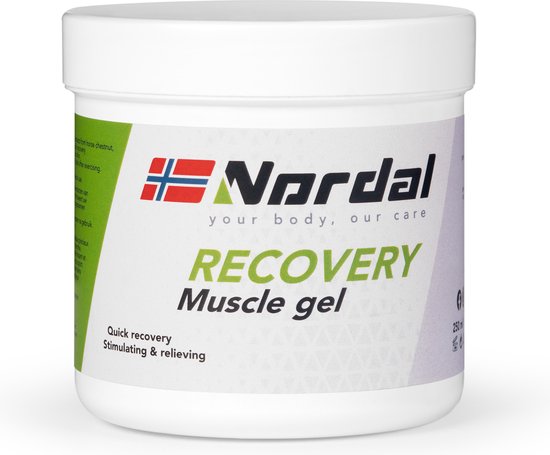 Pot Nordal Recovery Muscle gel met Noorse vlag en tekst 'RECOVERY Muscle gel'. Snelle, stimulerende en verlichtende werking.