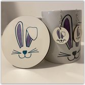 NB! Creative Boutique: Bunny Purple Coaster, Mug & earrings set / Set van onderzetter,mok & oorbellen konijn