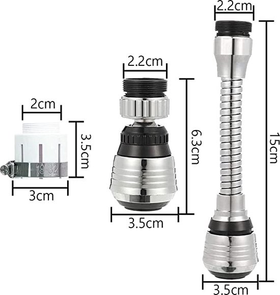 Flexibele & Roterende Kraankop - M22 aansluiting voor kranen met een M24 binnendraad (met adapter) & M22 buitendraad - chromekleurig
