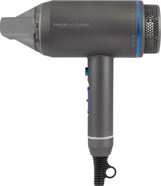 Grijze Profi Care haardroger met blauwe bedieningselementen en een LED-lichtaanduiding.