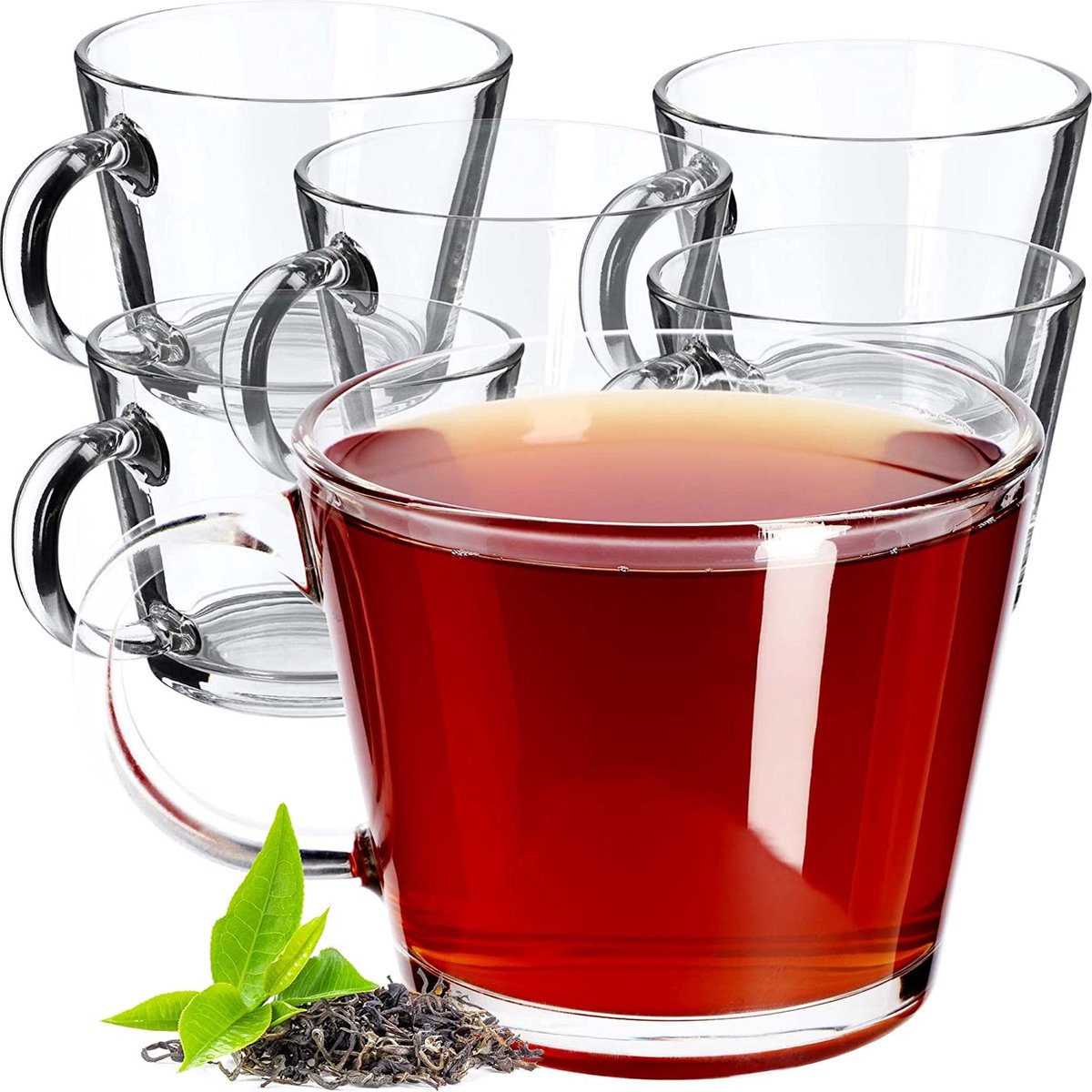 KADAX Theeglazen, waterglazen met handvat, set van 6, glazen kopjes, sapglazen, glazen, glazen voor thee, koffie, water, ijsthee, sap, drinkglazen, koffieglazen (Pia, 380 ml)