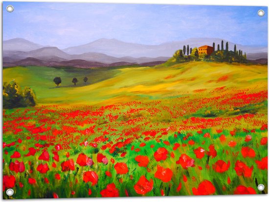 Tuinposter met een kleurrijk schilderij van een veld vol rode bloemen, heuvels en een villa onder een blauwe lucht.
