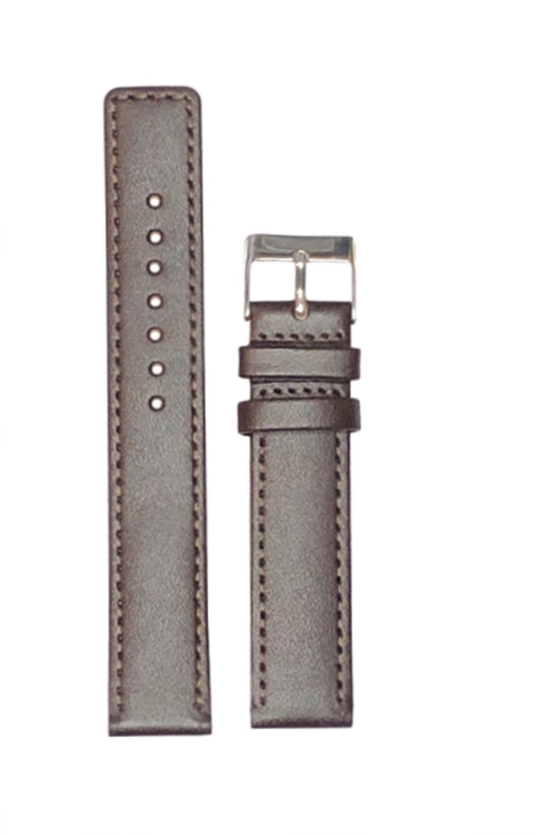 horlogeband-20mm-echt leer-donkerbruin-recht-zacht -plat-gestikt-20 mm