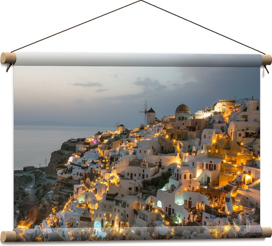 Textielposter - Verlichte Huisjes in Santorini, Griekenland - 60x40 cm Foto op Textiel