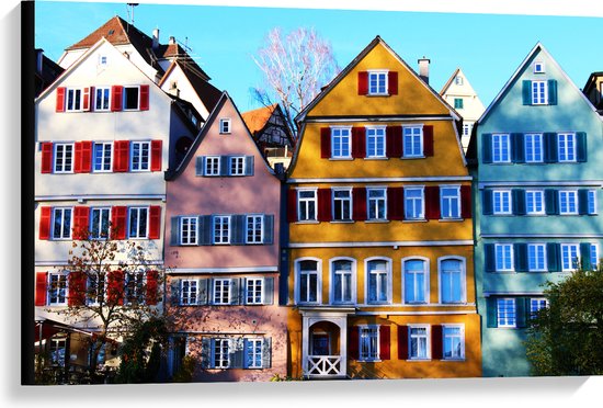 Canvas - Gekleurde Huisjes naast Elkaar - 90x60 cm Foto op Canvas Schilderij (Wanddecoratie op Canvas)