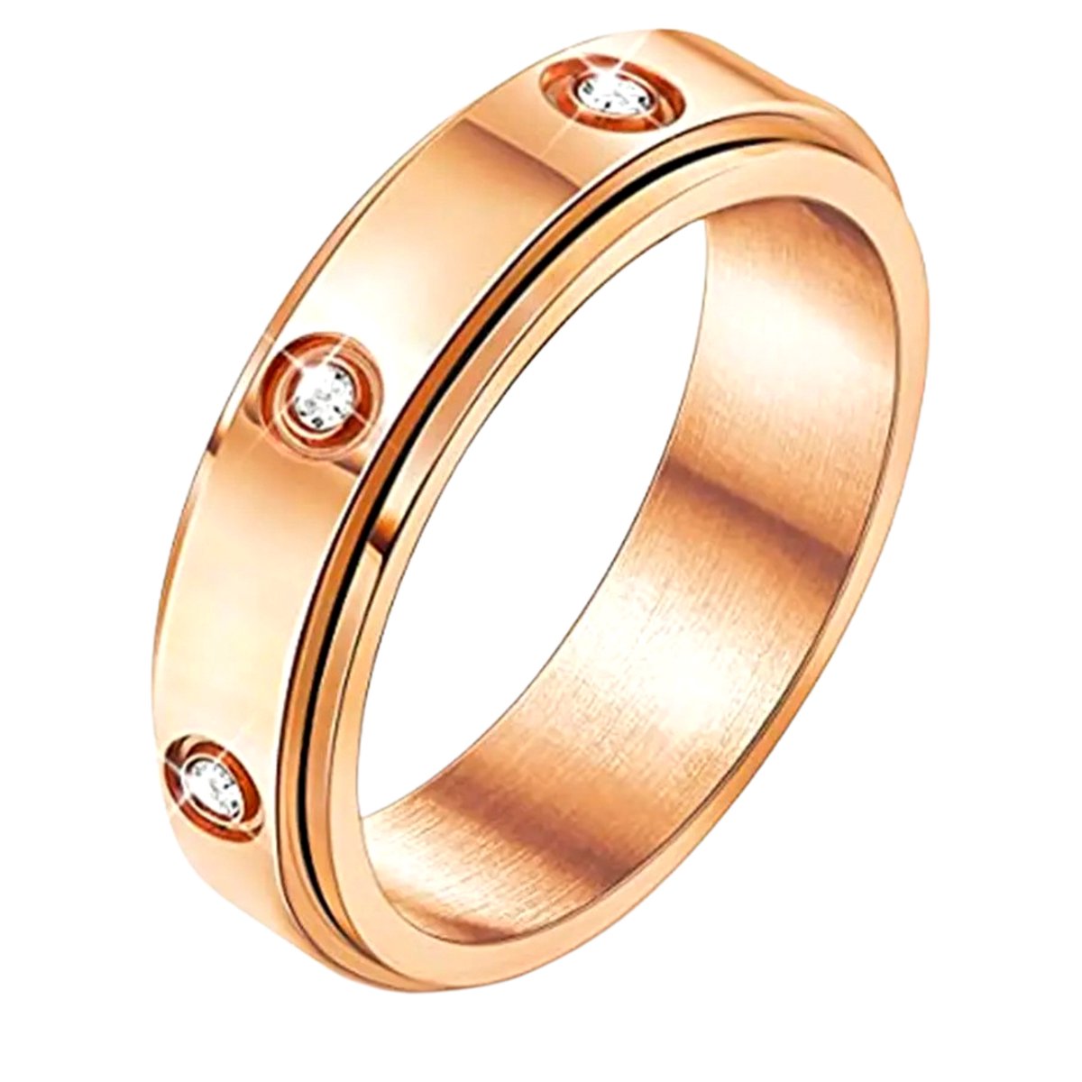 Anxiety Ring - (Zirkonia) - Stress Ring - Fidget Ring - Fidget Toys - Draaibare Ring - Spinning Ring - Rose Goud - (16.00mm / maat 50)