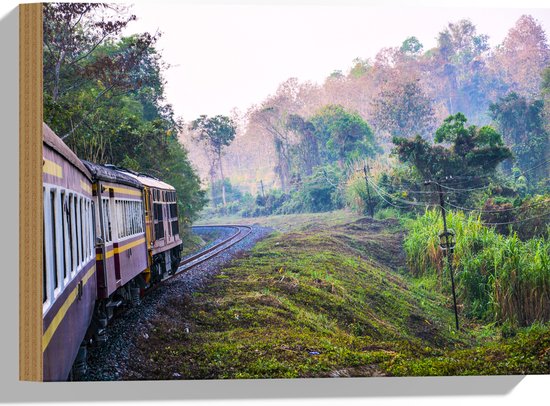 WallClassics - Bois - Train thaïlandais à travers la réserve naturelle verte en Thaïlande - 40x30 cm - 9 mm d'épaisseur - Photo sur bois (avec système de suspension)