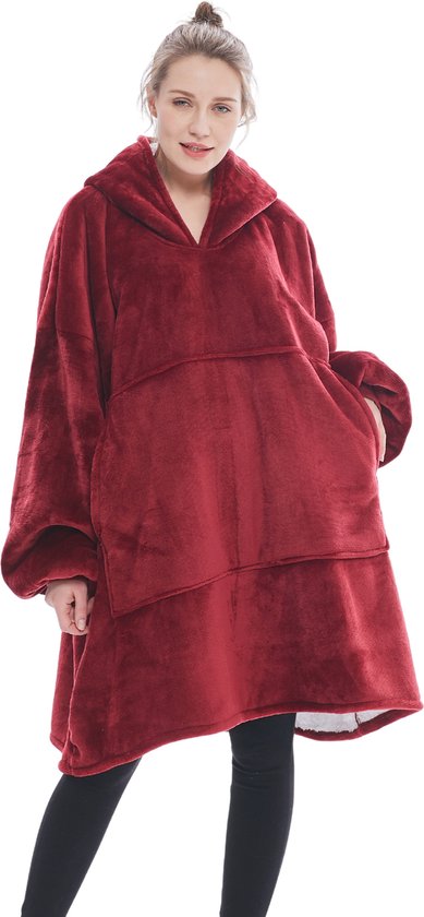 JAXY Hoodie Deken - Snuggie - Snuggle Hoodie - Fleece Deken Met Mouwen - 1450 gram - Hoodie Blanket - Kersttrui - Kerstcadeau - Wijn Rood