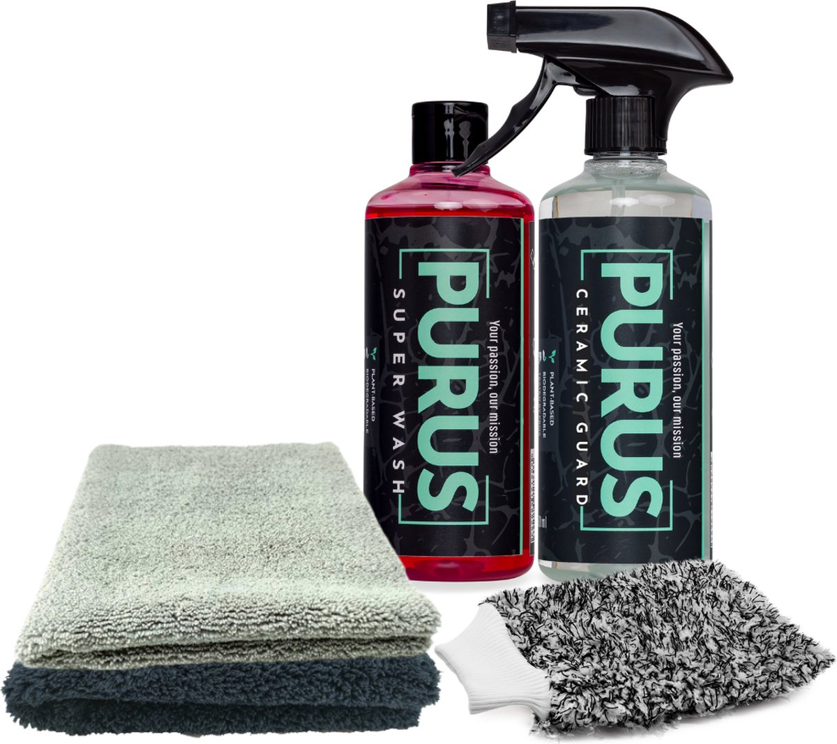 PURUS Ultimate Protection Kit l Voor Auto & Motor Ceramic Guard Super Wash Shampoo - Wax - Washandschoen - Polish Towel - Coating Towel - Auto Schoonmaken - Microvezeldoek - Detailing