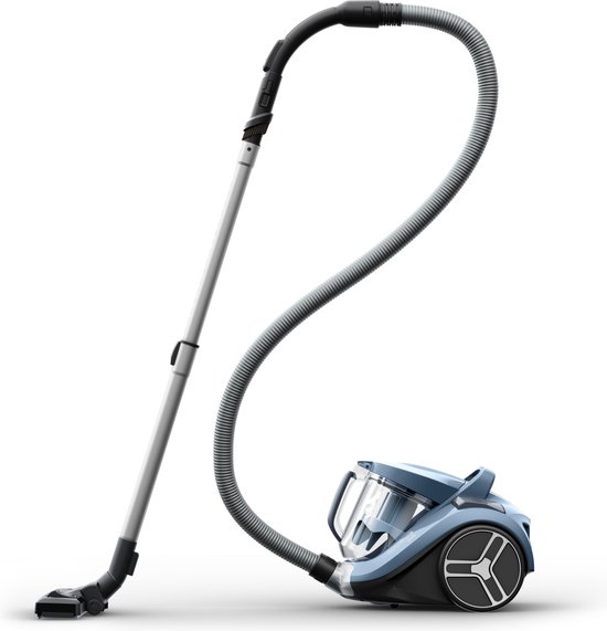Aspirateur bleu sans sac avec flexible et brosse, isolé.