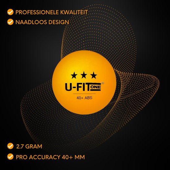 Oranje tafeltennisbal met U-FITONE logo, 3 sterren en 40+ ABS. Professionele kwaliteit, naadloos design, 2.7 gram.