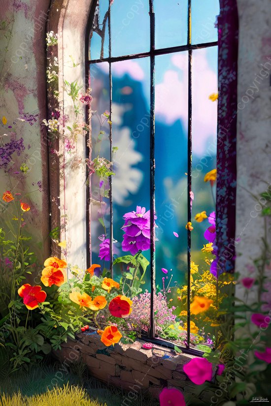 JJ-Art (Glas) 60x40 | Oud raam met wilde bloemen - ruïne, verval - geschilderde stijl - woonkamer slaapkamer | huis, landschap, blauw, groen, oranje, geel, modern | Foto-schilderij-glasschilderij-acrylglas-acrylaat-wanddecoratie