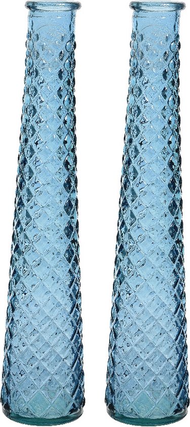 Decoris bloemenvazen gerecycled glas - set 2x - D7 x H32 cm - blauw