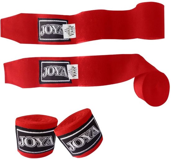 Twee rode sportbandages van Joya, met klittenbandsluiting en logo.