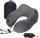 YONO Premium Set d'oreillers pour le cou - Oreiller de voyage avion et voiture - Mousse à mémoire de forme - Y compris masque de sommeil et bouchons d'oreille pour dormir - Gris foncé