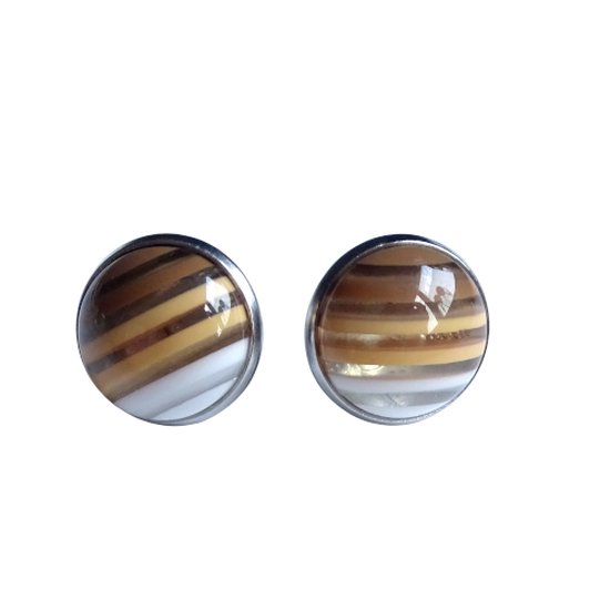 2 Love It Stripes - Oorknopjes - Stainless steel - Nikkelvrij - Diameter 12 mm - Bruin - Wit - Zilverkleurig