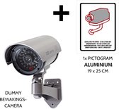 Pack caméra de sécurité factice + Pictogramme "Surveillance par caméra Législation Mars 2007" en aluminium | Boîtier étanche pour une utilisation en extérieur | incl. Piles AA