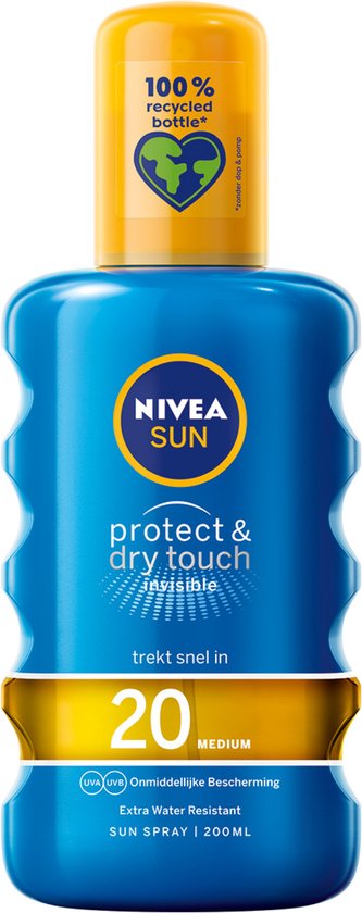 NIVEA SUN Protect & Dry Touch spray met SPF 20. Blauwe fles met gele dop en 100% gerecyclede fles logo.