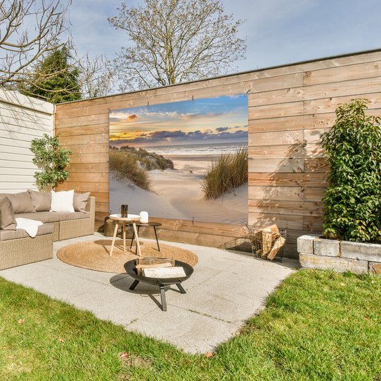 Muurdecoratie buiten Strand - Duin - Gras - Zonsondergang - Zee - 160x120 cm - Tuindoek - Buitenposter Muurdecoratie buiten Strand - Duin - Gras - Zonsondergang - Zee - 160x120 cm