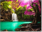 Tuinposter waterval - Bomen - Bladeren - Roze - Natuur - Tuinschilderij voor buiten - Tuindecoratie - Schutting decoratie - 120x90 cm - Tuin - Tuindoek - Schuttingdoek - Tuinposters